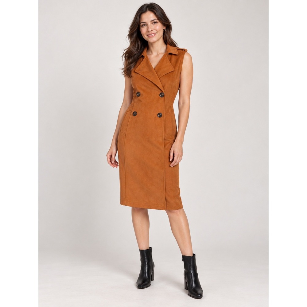 Kendall + Kylie Trench Dress Womens L Cognac Faux Suede Utility Double Breasted